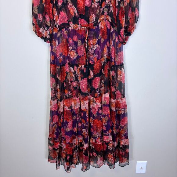 Johnny Was Jade Red & Pink Floral Short Sleeve Midi Silk Dress Small - Picture 4 of 9